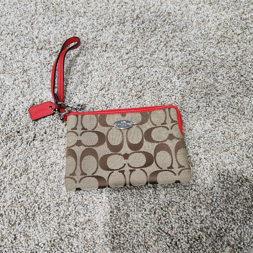 Coach Brown and Red Signature Wristlet